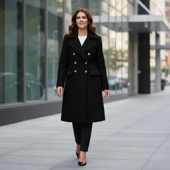 Maeve Black Dble Breasted Tweed Coat Maxi Womens 8P Classic Staple Dark Academia - Picture 2 of 12